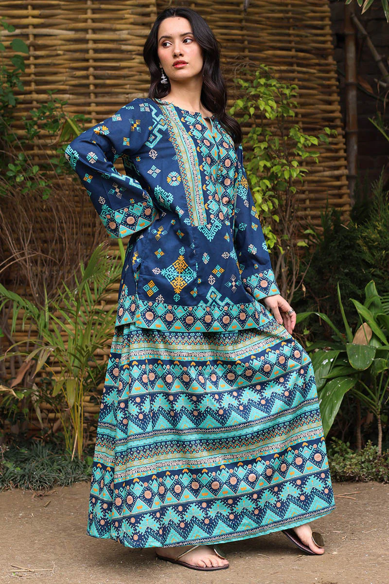 Printed Phulkari Skirt Set - Image 13